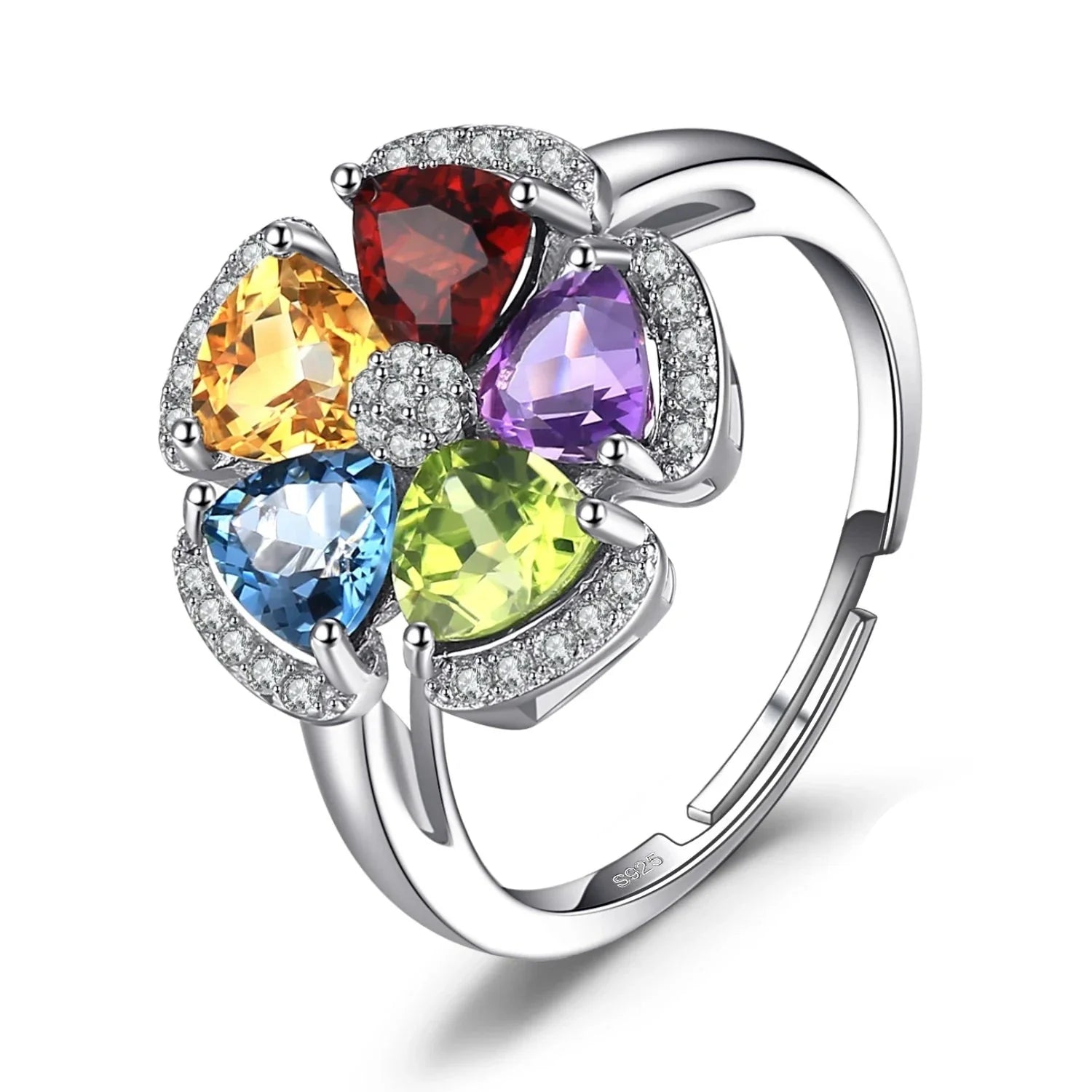 2.6ct Genuine Blue Topaz Amethyst Citrine Garnet Peridot Open Adjustable Cocktail Promise Ring 925 Sterling Silver