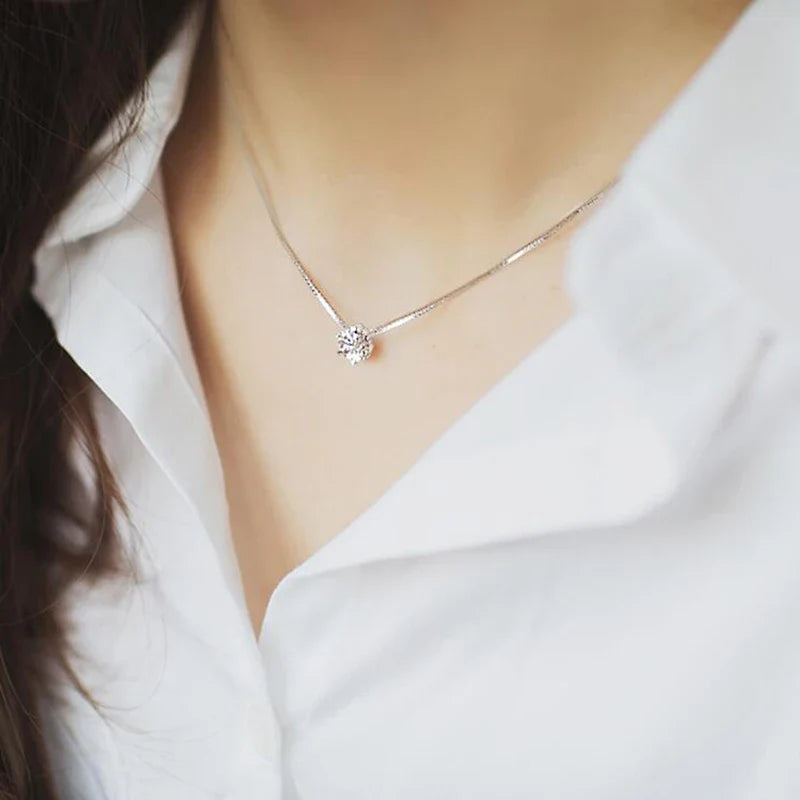 Silver Geometric Simple Round Choker AAA Zircon Pendant Necklace Women Engagement Fine