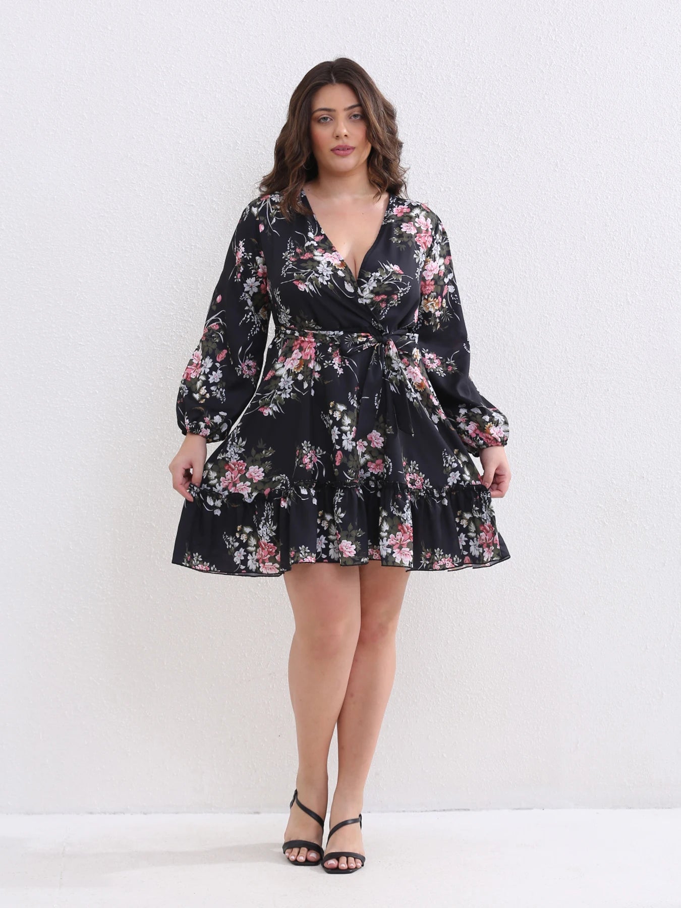 Plus Size Women Flower Print Chiffon Sexy V Neck Out Long Sleeve Dress Female Elegant Party Dresses-Dollar Bargains Online Shopping Australia