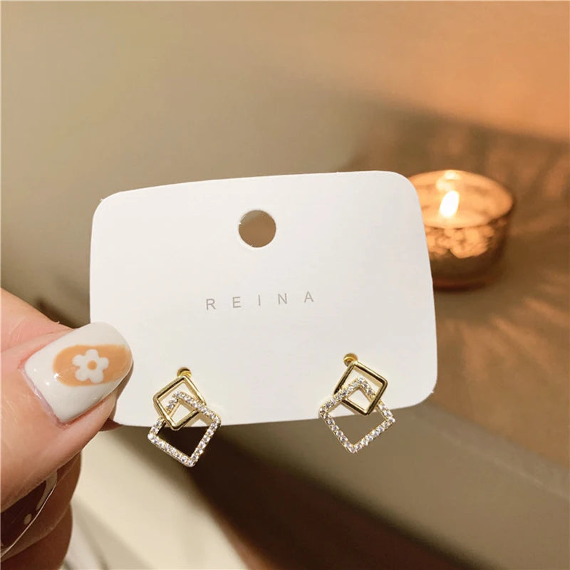 Korean Geometric Double Layers Rhombus Earrings for Women Gold Color Crystal Temperament Earring-Dollar Bargains Online Shopping Australia