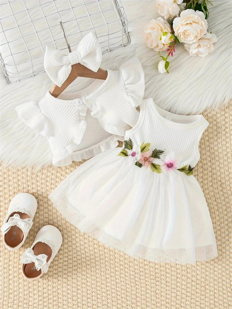 Baby Girls Dress Summer Waist Flower Vest Sleeveless Short Top Sweet Girl Lace Mesh Dress-Dollar Bargains Online Shopping Australia