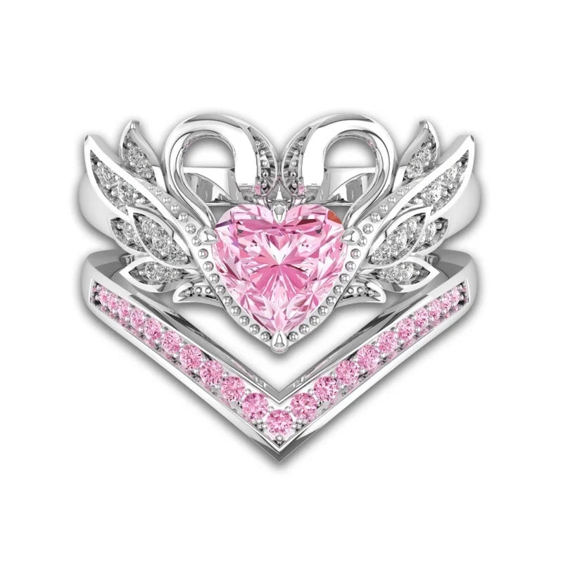 Silver Color Heart Ring Women's Engagement Zircon Swan Ring Set Bridal Party Wedding Jewelry Gift-Dollar Bargains Online Shopping Australia