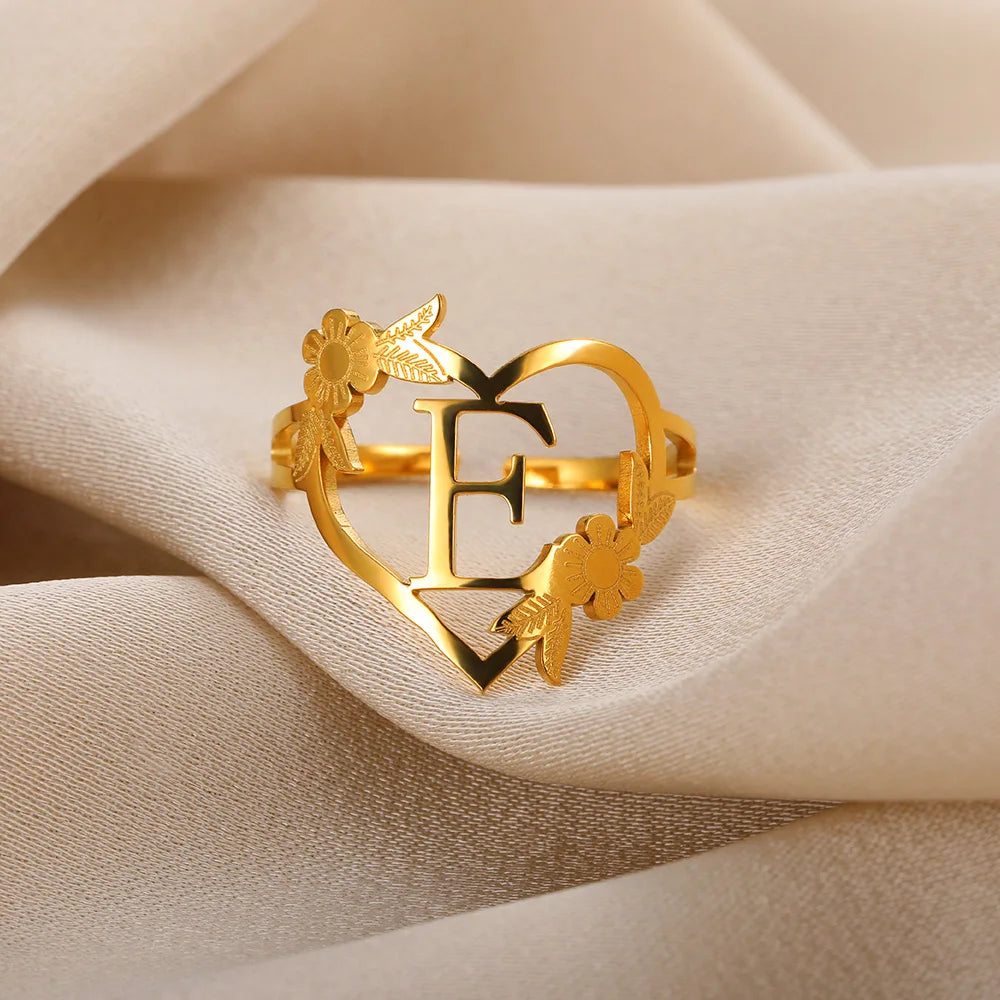 Stainless Steel Initials Flower Heart Rings Gold Color Adjustable Delicate Letter Leaf Rings For Women Girl Alphabet Jewelry-Dollar Bargains Online Shopping Australia