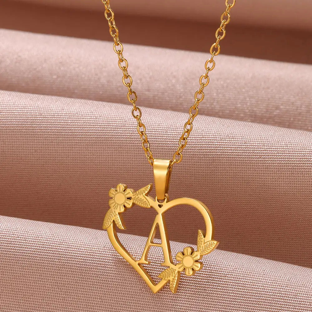 Gold Color Dainty Flower Initials Necklace Women Girl Stainless Steel Heart Letter Choker Necklace Best Gifts Alphabet Jewelry-Dollar Bargains Online Shopping Australia