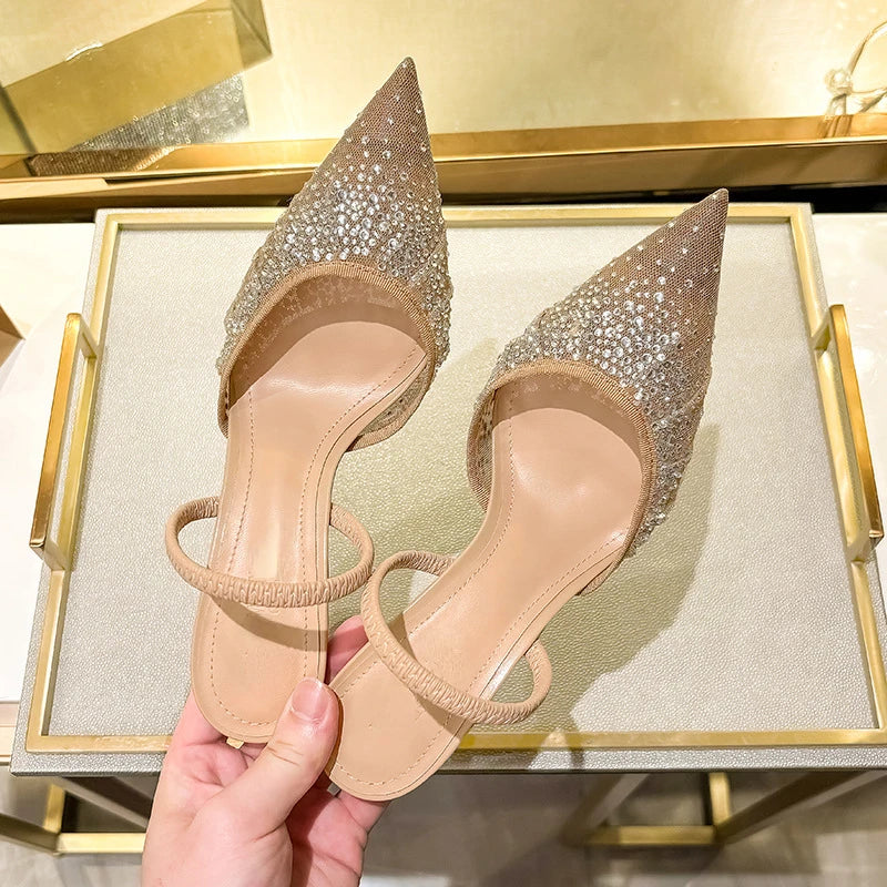 Glitter Rhinestone Pointed Slippers Women High Heel Summer Flip Flops Female Designer Sandals Breathable Mesh Mule Pumps Women-Dollar Bargains Online Shopping Australia