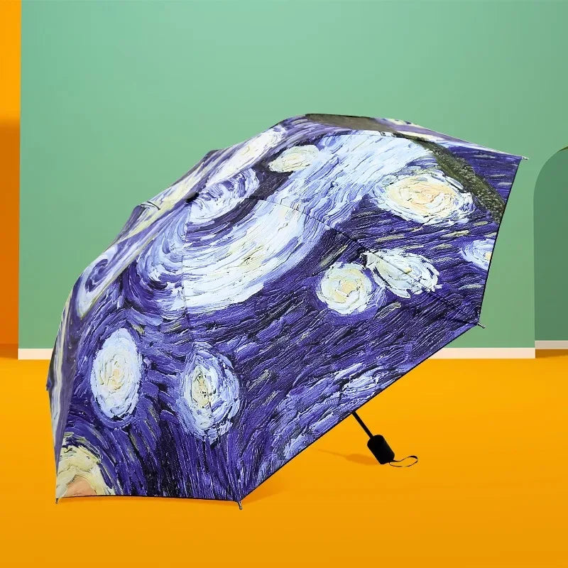 Folding Umbrella Female Windbreak Van Gogh Oil Painting Umbrella Rain Female Quality Black Coated Sunshade Umbrella