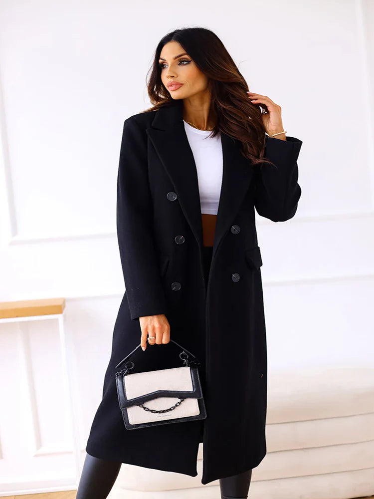 Women's minimalist double breasted long sleeved lapel button down woolen jacket with loose-Dollar Bargains Online Shopping Australia