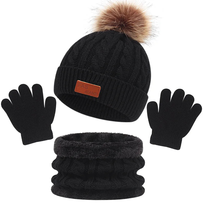 Children Winter Warm Suits Knitted Hat Scarf and Gloves Set For Girls Boy Pompoms Baby Beanies Cap Christmas Gifts For Kids 1-5y-Dollar Bargains Online Shopping Australia