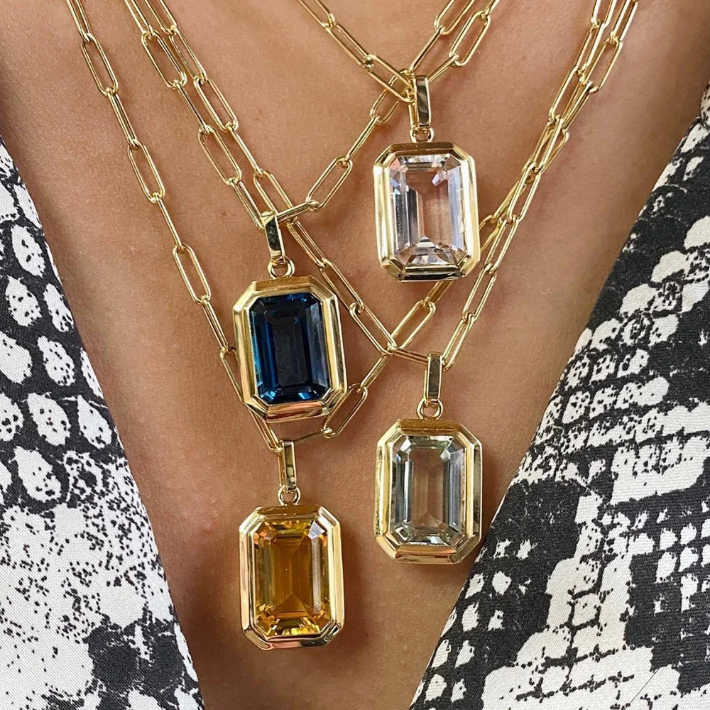Retro Hip-hop Multicolour Geometric Square Crystal Pendant Necklace Cuba Chain for Women Girls Vintage Wedding