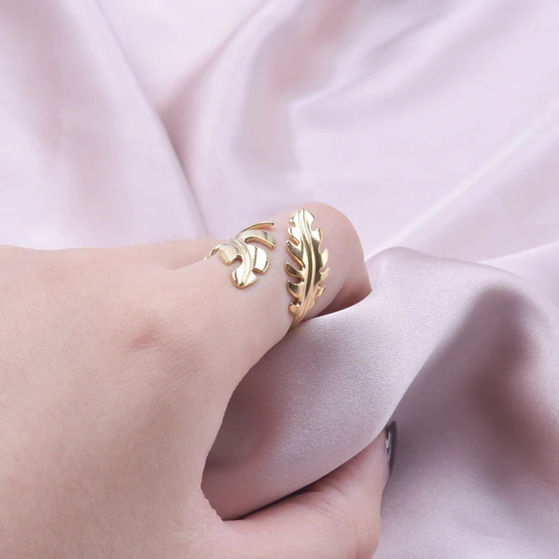 Leaf Shape Open Adjustable Rings For Women Stainless Steel Fashion Feather Shape Finger Rings Jewelry-Dollar Bargains Online Shopping Australia