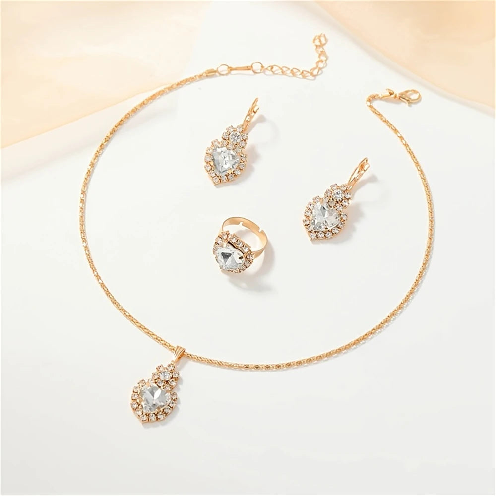 Luxurious Design Heart Shape Red Crystal Necklace Ring Earrings Jewelry Set Elegant Bridal Wedding Accessories Anniversary Gifts-Dollar Bargains Online Shopping Australia
