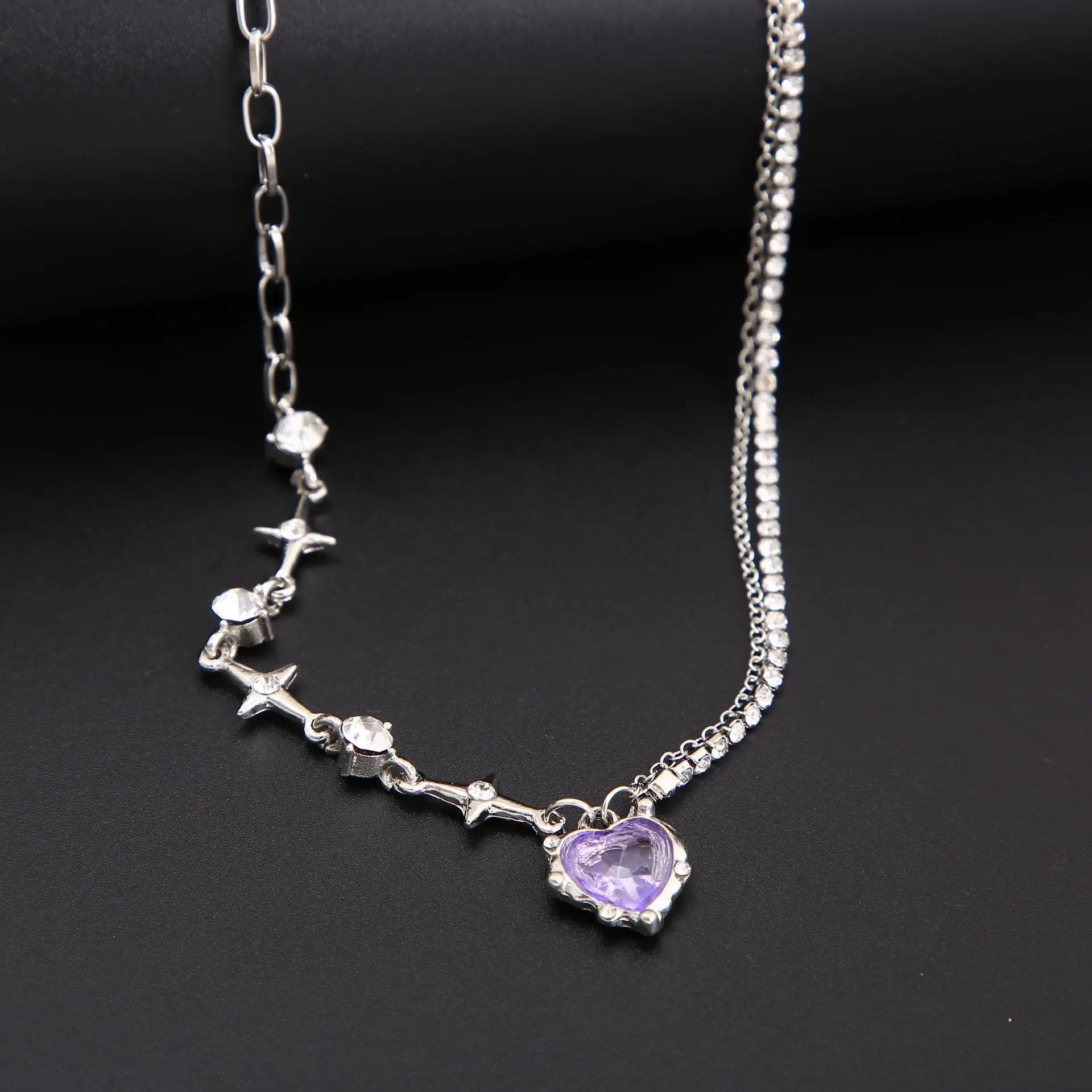 Y2K Purple Crystal Heart Pendant Necklace Women Sweet Cool Girl Punk Clavicle Chain Fashion Aesthetic Necklace-Dollar Bargains Online Shopping Australia