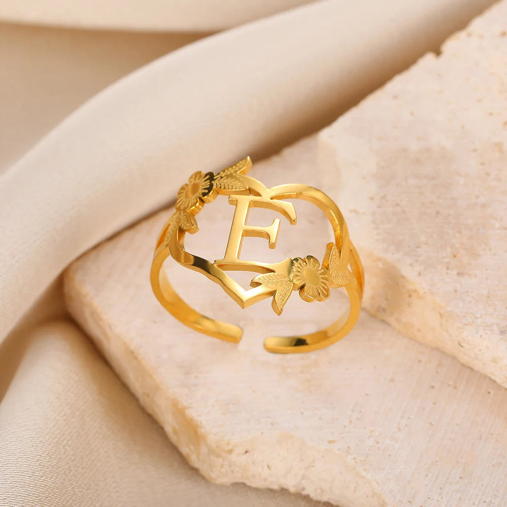 Stainless Steel Initials Flower Heart Rings Gold Color Adjustable Delicate Letter Leaf Rings For Women Girl Alphabet Jewelry-Dollar Bargains Online Shopping Australia