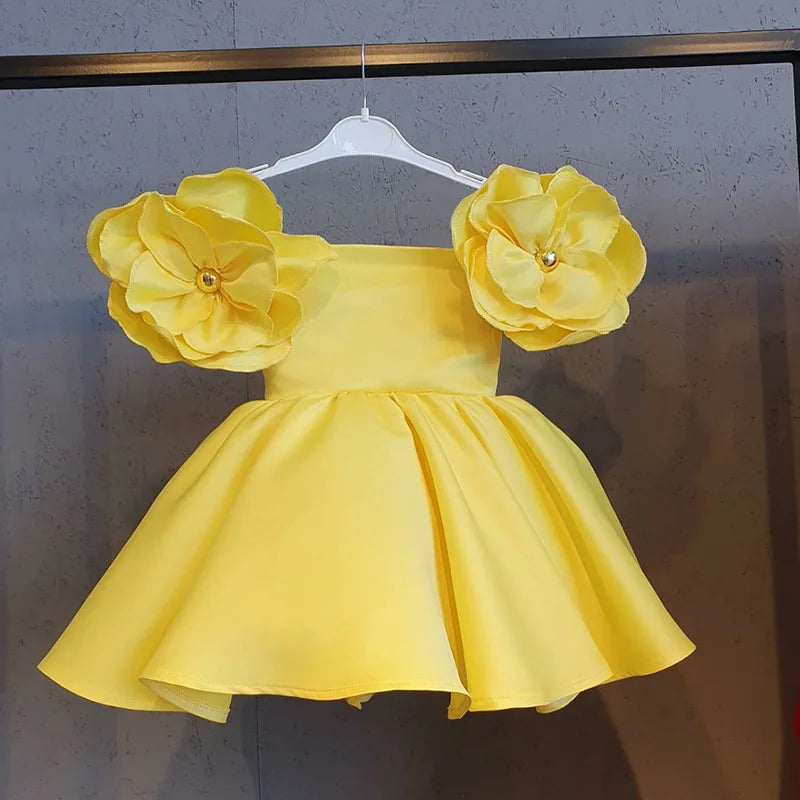 Girl Satin Face Tulle Petal Sleeve Dress Children Vestido Vintage Solid Color Wedding Birthday Party Princess Dress Kid Clothes-Dollar Bargains Online Shopping Australia