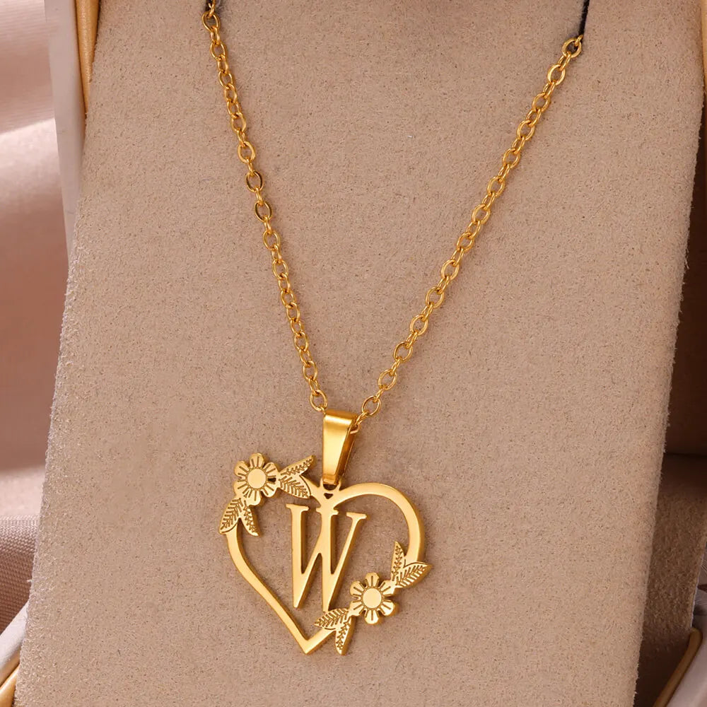 Gold Color Dainty Flower Initials Necklace Women Girl Stainless Steel Heart Letter Choker Necklace Best Gifts Alphabet Jewelry-Dollar Bargains Online Shopping Australia