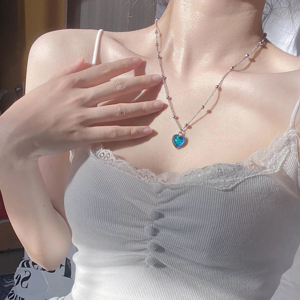 Candy Color Changing Heart Pendant Necklace For Women Simple Design Temperature Sensitive Stone Peach Choker Party Jewelry-Dollar Bargains Online Shopping Australia