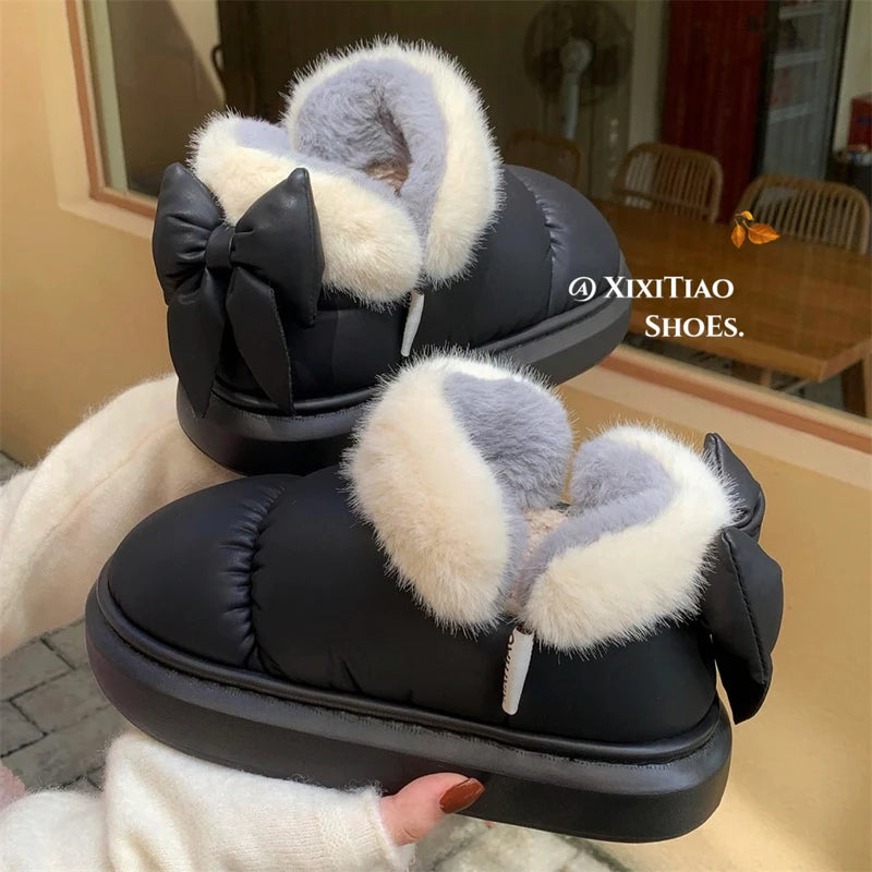 Bow Knot Short Ankle Snow Boots Women Winter Plush Waterproof PU Cotton Household Shoes Home Slipper Women-Dollar Bargains Online Shopping Australia