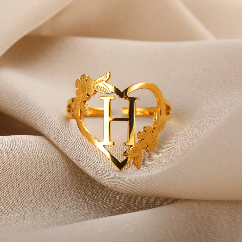 Stainless Steel Initials Flower Heart Rings Gold Color Adjustable Delicate Letter Leaf Rings For Women Girl Alphabet Jewelry-Dollar Bargains Online Shopping Australia