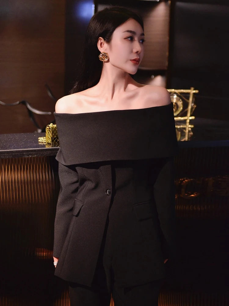Slash Neck Chic Blazers Women Off Shoulder Long Sleeve Patchwork Single Button Solid Coat-Dollar Bargains Online Shopping Australia