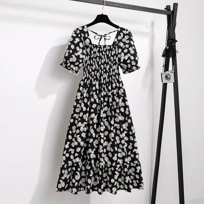 Chiffon Dresses Fashion Female Elastic Waist Short Sleeve Pleated Casual Dress Women A-line Dresses-Dollar Bargains Online Shopping Australia