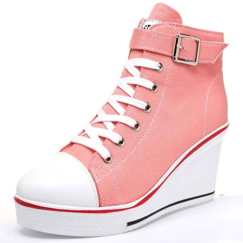 High Top Canvas Women Wedge Shoes Women's Denim Ankle Lace Up Ladies Ankle Canvas Shoes Woman 8cm Heels Sneakers-Dollar Bargains Online Shopping Australia
