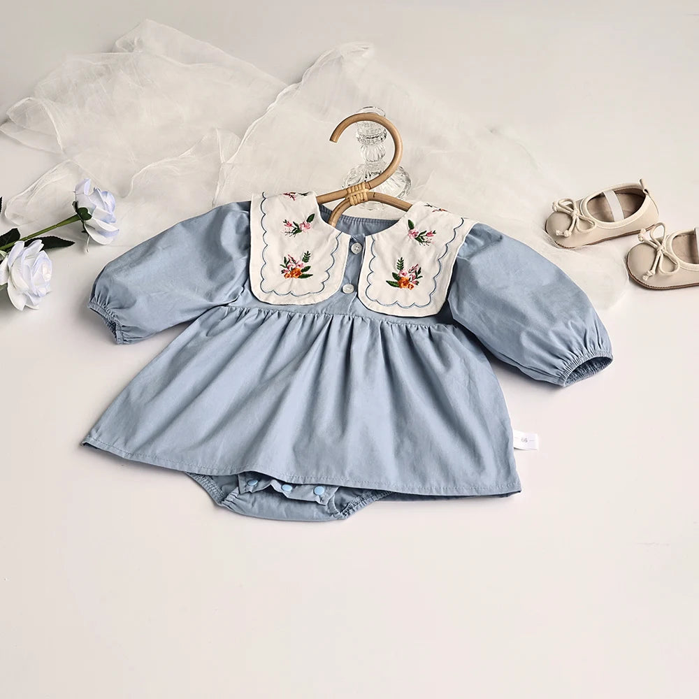 Solid Pleated Baby Bodysuit Toddler Girls Princess Clothes embroidery Big Collar Infant Clothing-Dollar Bargains Online Shopping Australia