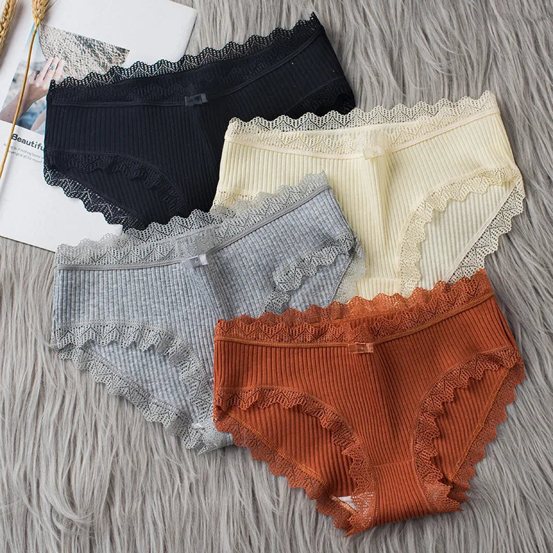 3PCS/Lot  Briefs Women Middle Waist Cotton Underwear Bowtie Panties Breathable Lace Intimates Antibacterial