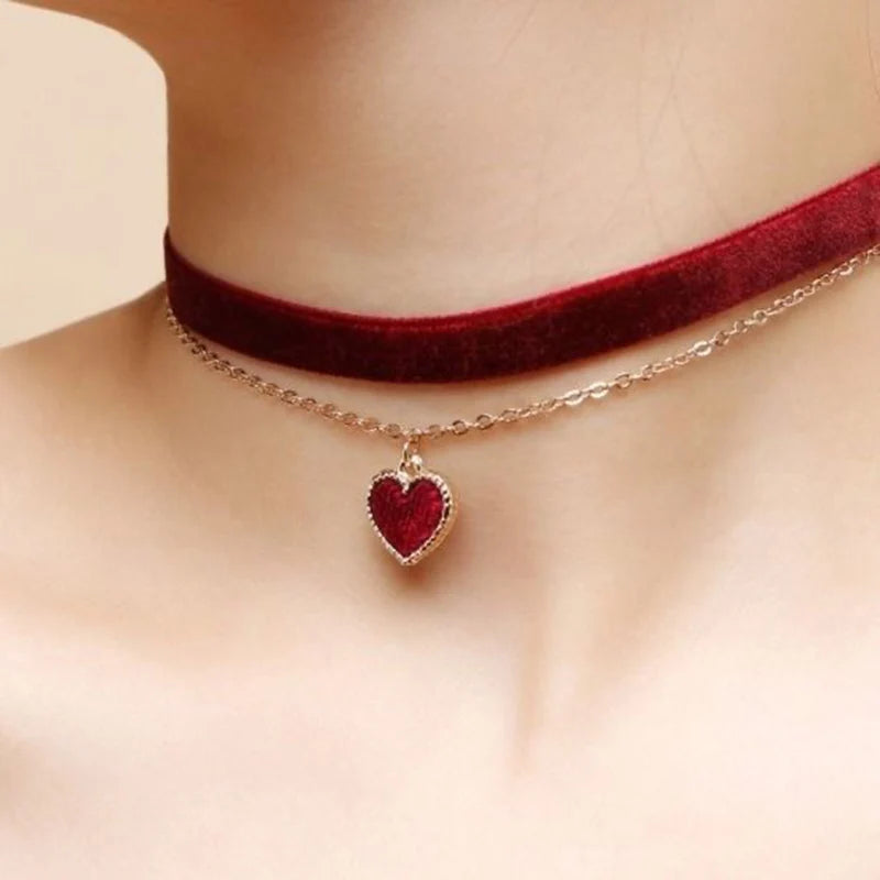 Classic Gothic Tattoo Red Velvet Choker Necklace Red Heart Pendant Necklaces-Dollar Bargains Online Shopping Australia