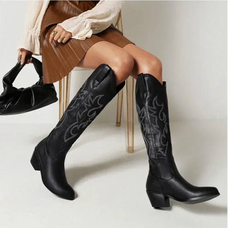 Pointed Toe Knight Boots for Women Brown PU Leather Knee High Boots Woman Autumn Winter Western Cowboy Long-Dollar Bargains Online Shopping Australia