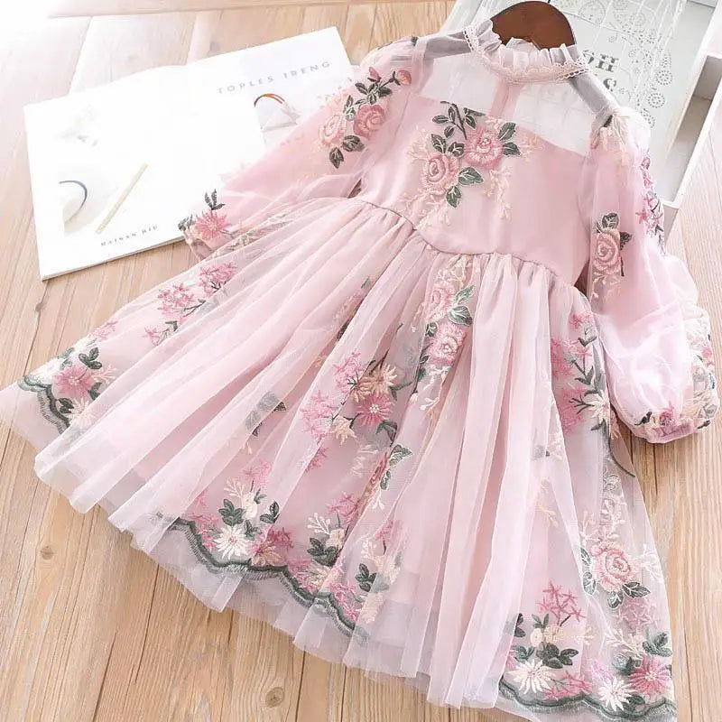 Little Girls Autumn Full Sleeves Dress for Children Party Kids Casual Dress Pink Floral Embroidery Dresses Princess Wear-Dollar Bargains Online Shopping Australia