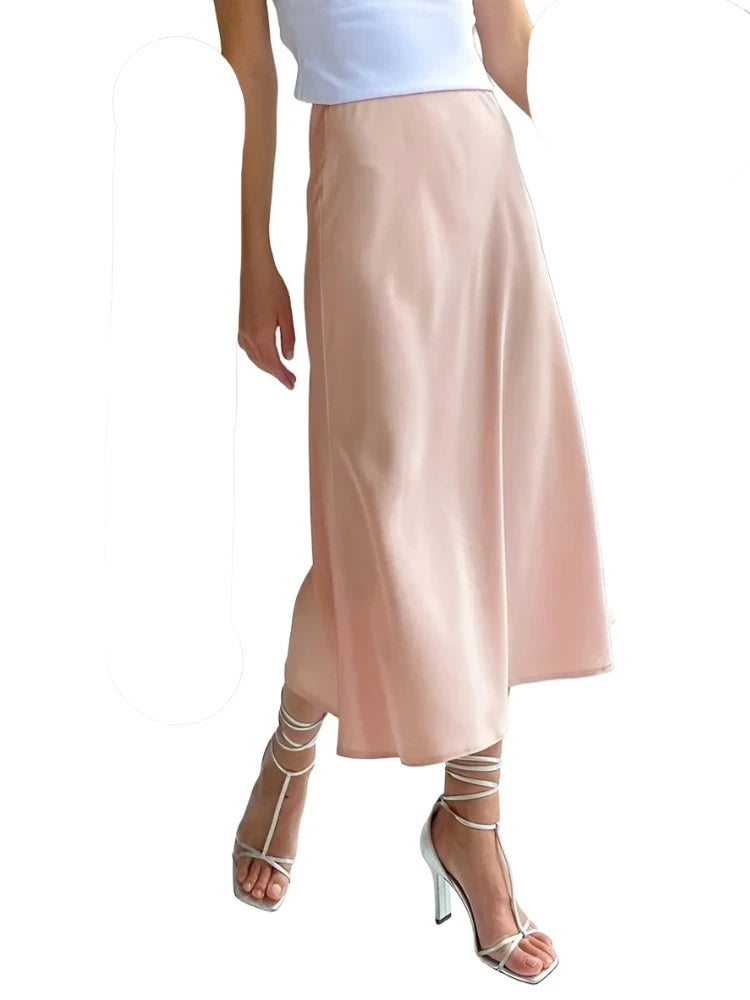 Silk Satin Skirts for Women High Waisted Skirt Women A-Line Elegant Skirts Summer Pink Midi Skirt-Dollar Bargains Online Shopping Australia