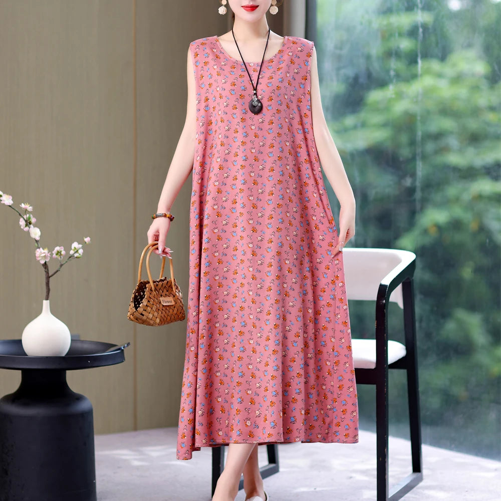 Vintage Summer Dress Vestido Print Natural Regular Sleeveless O-neck C Vintage Summer Dress Vestido Print Natural Regular Sleeveless O-neck C