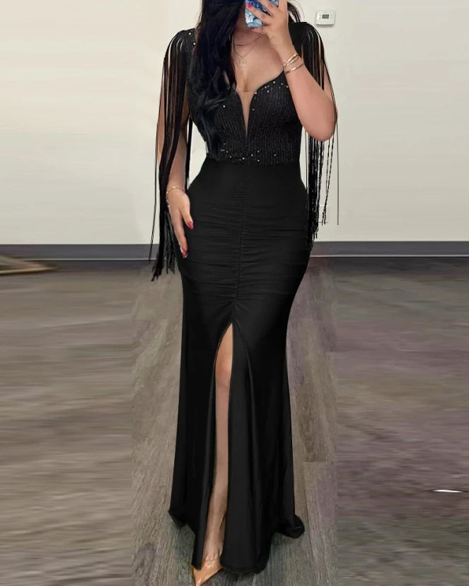 Elegant Evening Party Dresses for Women Sexy Contrast Sequin Ruched Slit Evening Dress-Dollar Bargains Online Shopping Australia