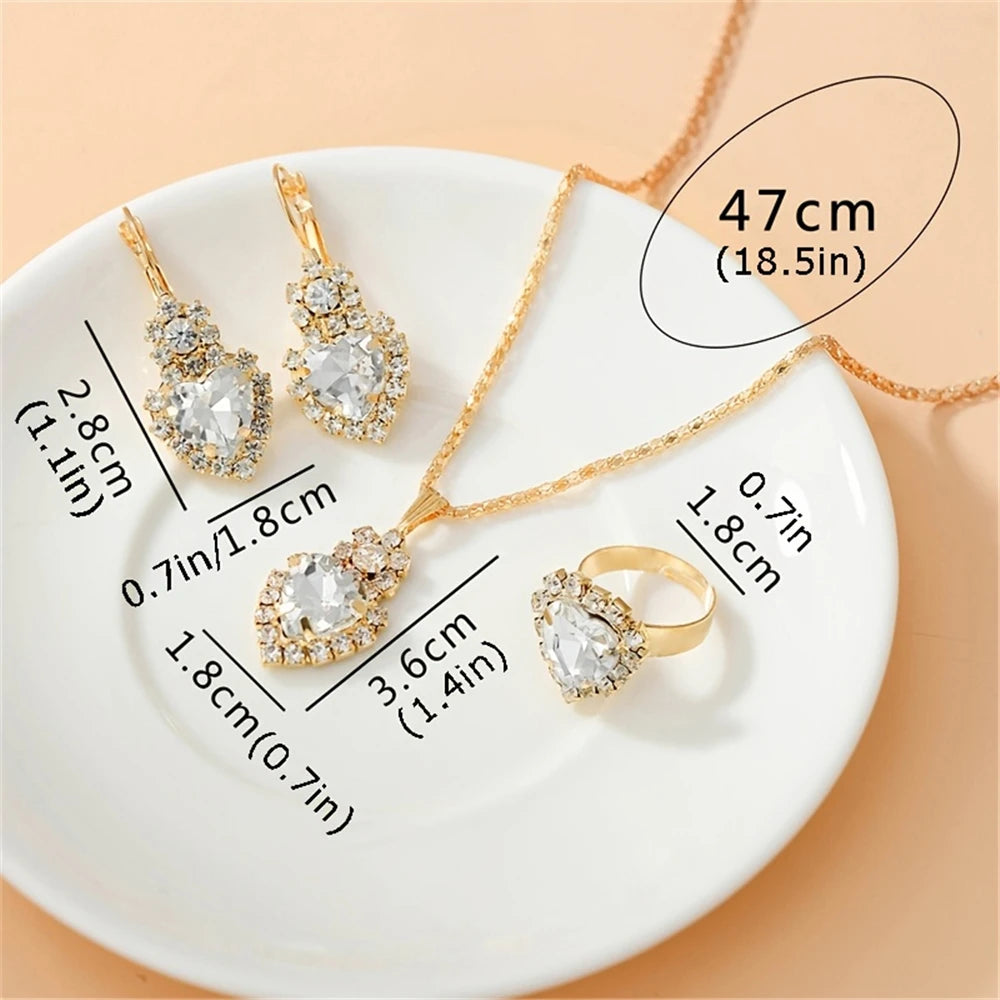 Luxurious Design Heart Shape Red Crystal Necklace Ring Earrings Jewelry Set Elegant Bridal Wedding Accessories Anniversary Gifts-Dollar Bargains Online Shopping Australia