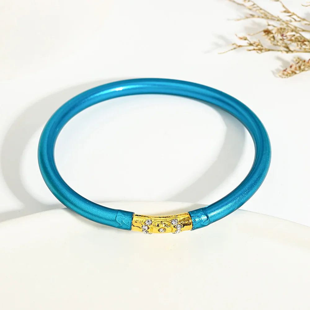 Inlaid Rhinestone Metal Buckle Silicone Bracelet for Women Buddhist Rush Temple Glitter Filled Jelly Lightweight Bangles-Dollar Bargains Online Shopping Australia