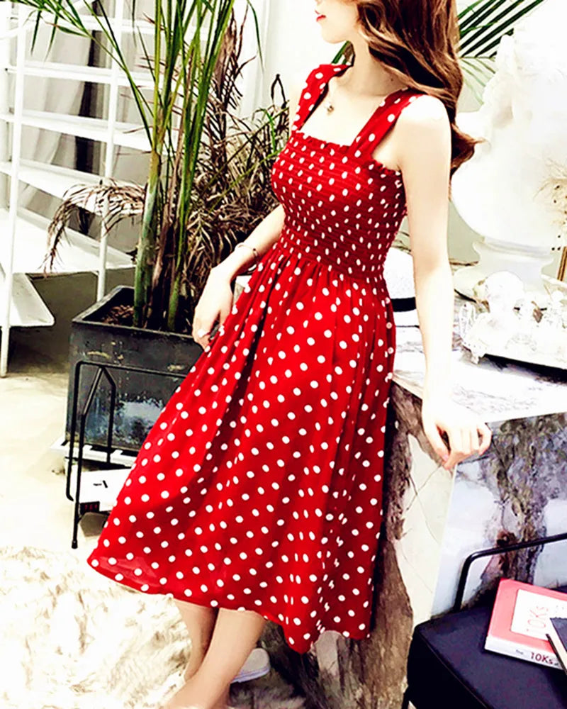 Beach Long Vintage Dots Casual Ruffles Elegant Maxi Strap Silky Dress Women-Dollar Bargains Online Shopping Australia