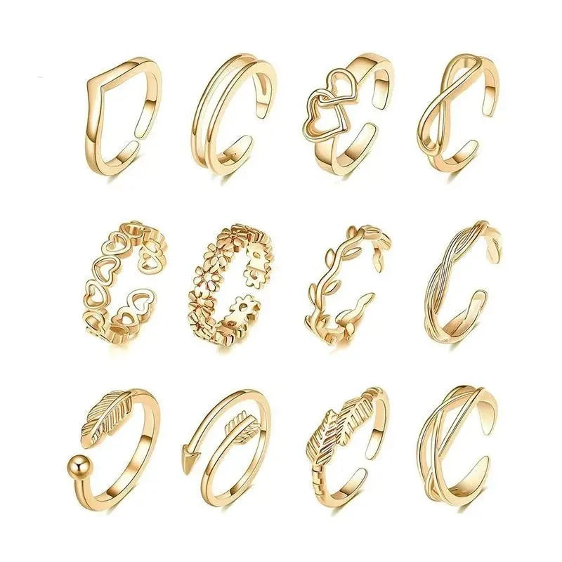 12pcs Adjustable Toe Rings For Women Girls Simple Beach Open Toe Set Cute Heart Feather Summer Toe Foot Jewelry-Dollar Bargains Online Shopping Australia