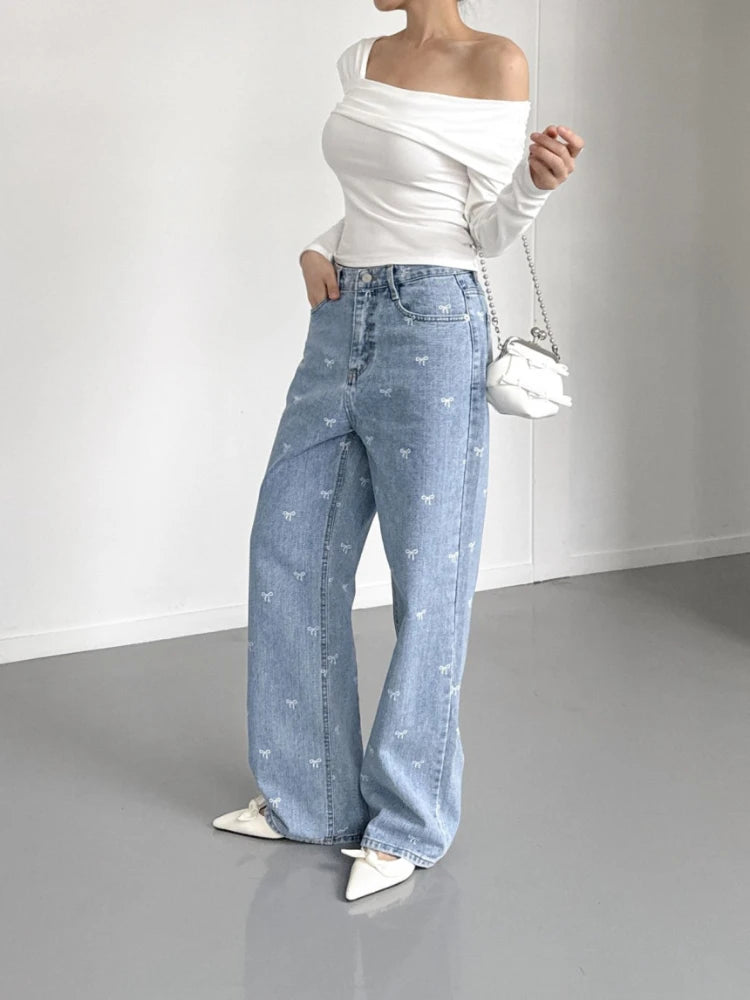 Women Light Blue Jeans Pant Korean Baggy Bow Decorated High Waisted Straight Leg Long Pant Female Casual Printed Button Trousers-Dollar Bargains Online Shopping Australia