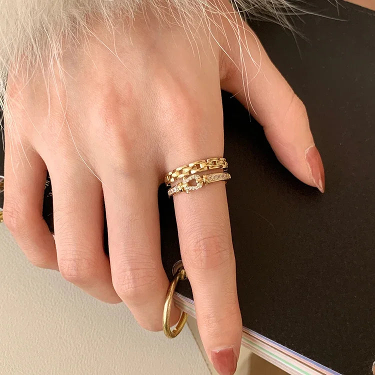 14K gold plated 2023 Korean new fashion jewelry double-layer zircon cross ring elegant women's opening daily work accessories-Dollar Bargains Online Shopping Australia