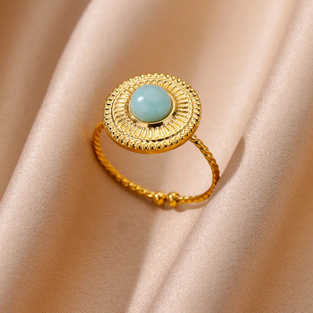 Gold Color Stainless Steel Shell Rings For Women Vintage Oval Blue Stone Adjustable Ring Fashion Party Jewelry Anniversary Gift-Dollar Bargains Online Shopping Australia