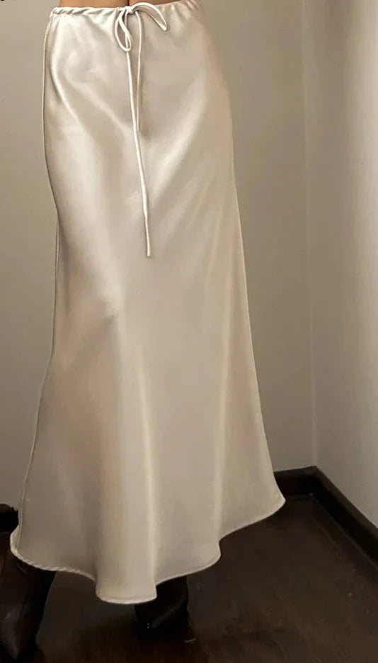 A Line Long Satin Skirts For Women Black High Waist Maxi Beige Skirts Silk Lace Up Long Skirt Women