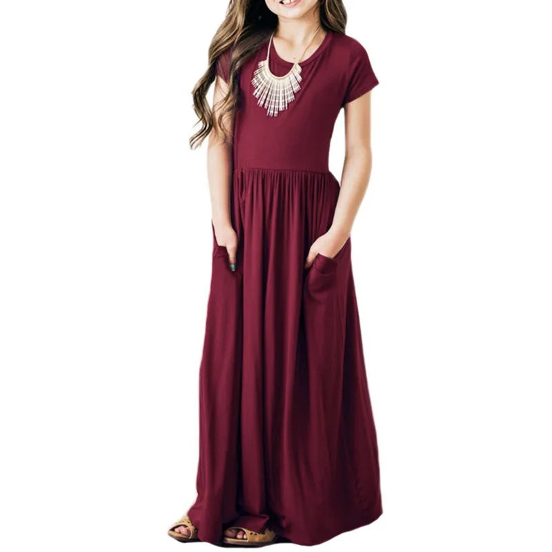 Girls Short Sleeved Long Dress Beach Party Birthday Casual Fashion Show Versatile A-Line Dress-Dollar Bargains Online Shopping Australia