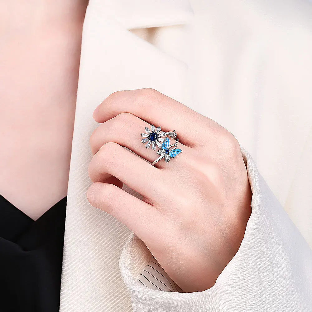 Fashion Butterfly Sunflower Rotating Anti Stress Rings For Women Crystal Anxiety Relief Spinning Ring Fidget Spinner