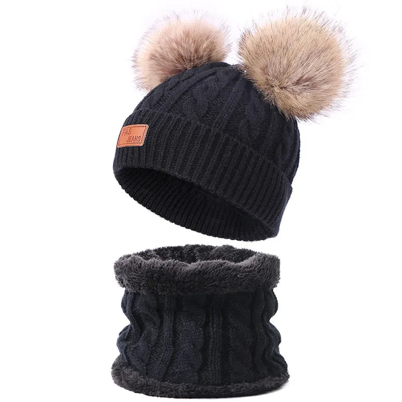 Warm Winter Baby Hats with Scarves for Kids Wool Pompom Baby Hat Children Bonnet Cap Boys Girls Knitted Scarf Gloves Beanie Caps-Dollar Bargains Online Shopping Australia
