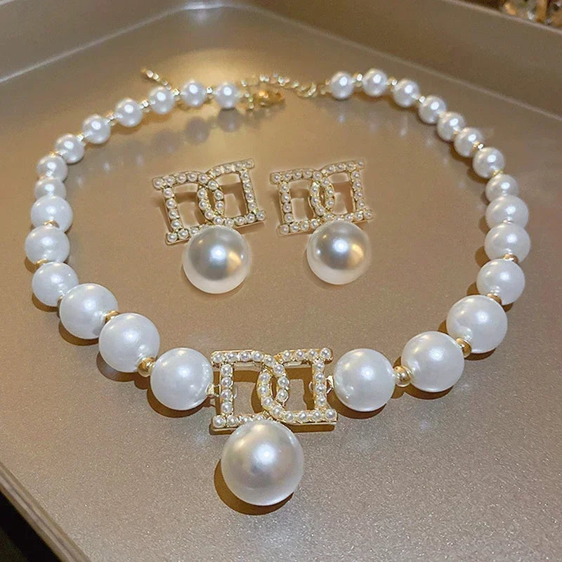 Women Elegant Pearl Clavicle Chain Collares Ladies Short Pendant Necklaces Earrings Choker Jewelry set-Dollar Bargains Online Shopping Australia