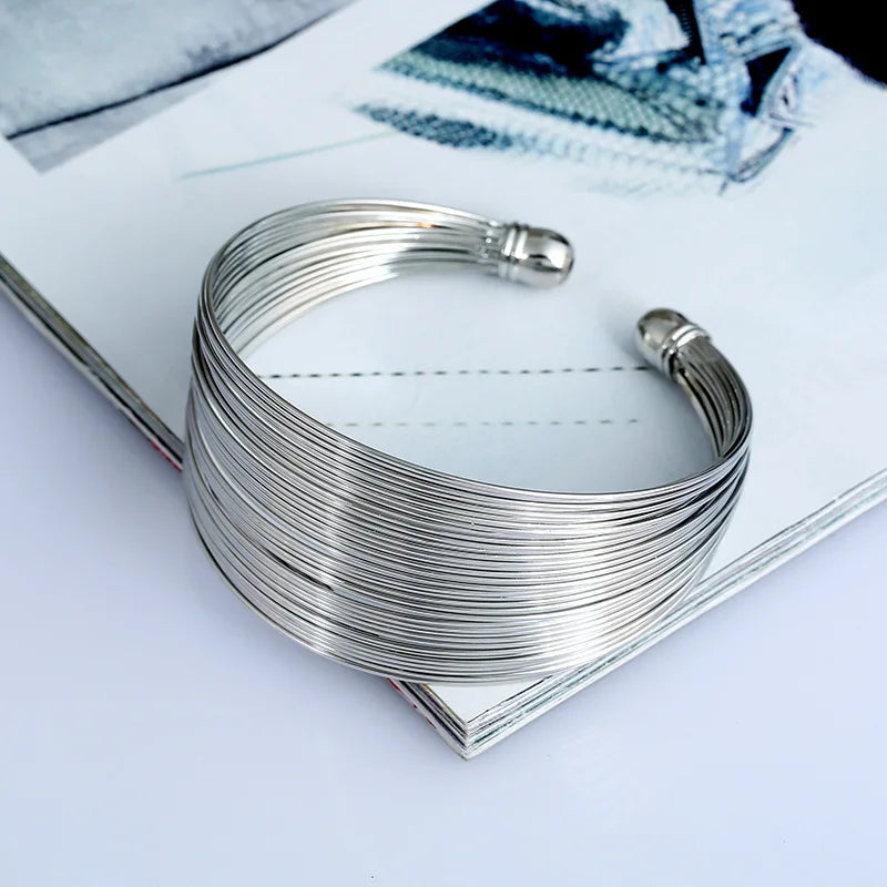 Punk Multilayer Metal Wires Strings Bracelets Bangles For Women Vintage Exaggerated Gold Color Wide Open Cuff Bangles Jewelry-Dollar Bargains Online Shopping Australia