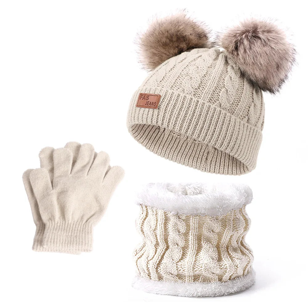 Warm Winter Baby Hats with Scarves for Kids Wool Pompom Baby Hat Children Bonnet Cap Boys Girls Knitted Scarf Gloves Beanie Caps-Dollar Bargains Online Shopping Australia