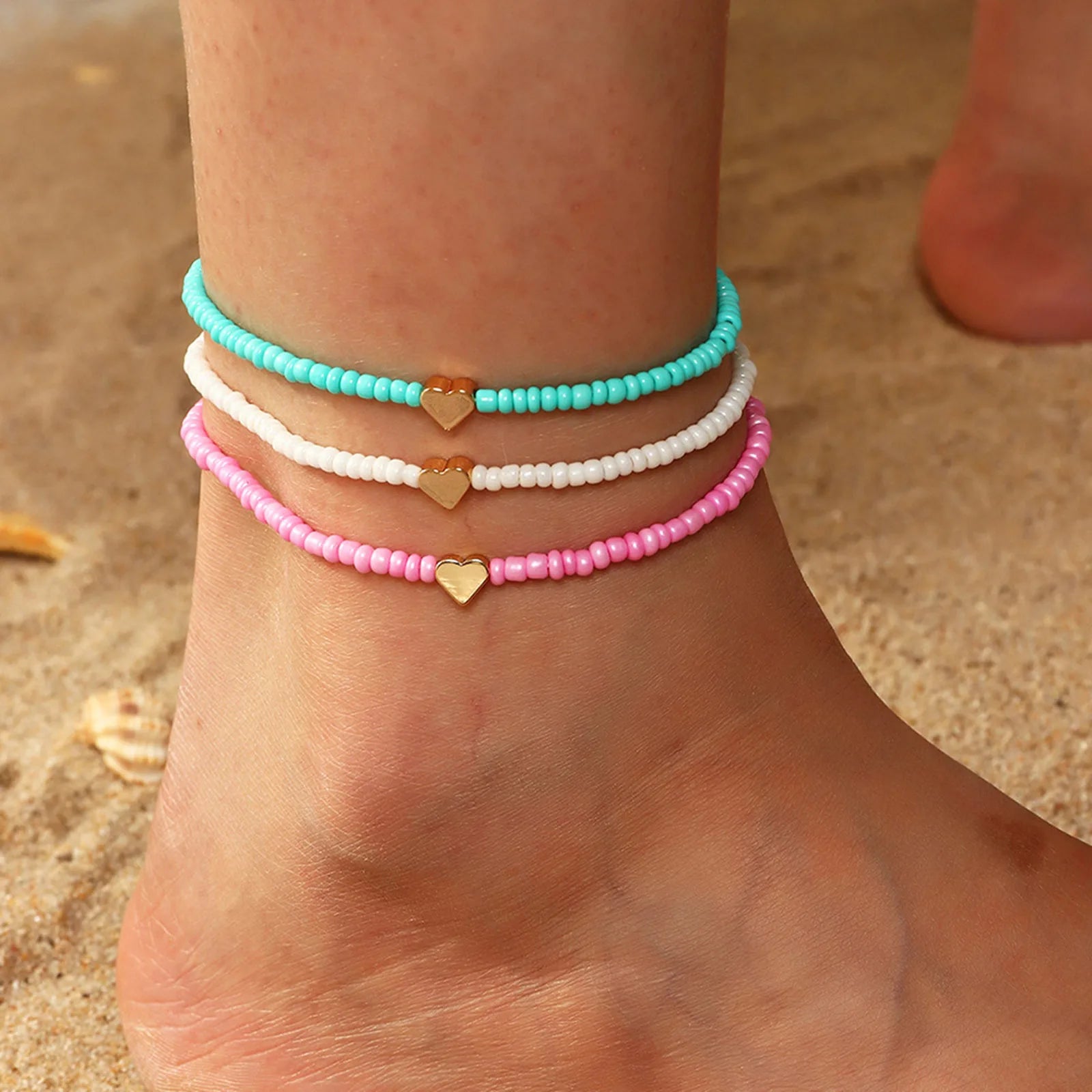 Bohemian Women Anklet Colorful Round Heart Beaded Chains Anklet Bracelets Barefoot Sandals Foot Summer Beach Jewelry-Dollar Bargains Online Shopping Australia