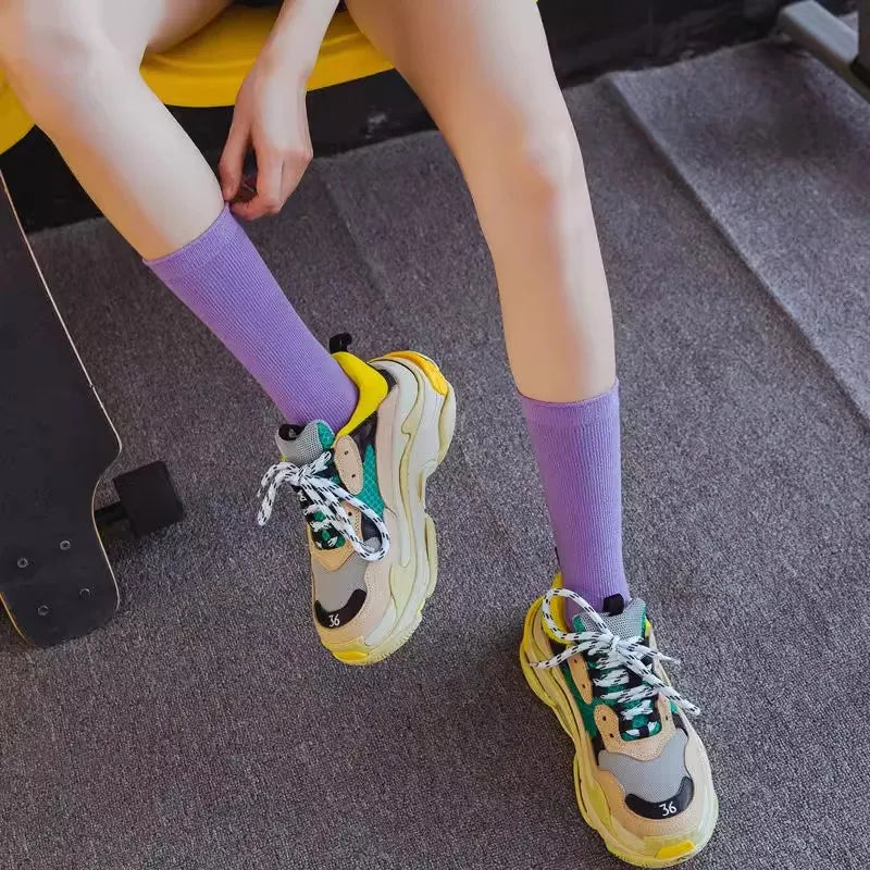 Women Socks Fashion Solid Color Crew Socks For Women Preppy Style Cotton Breathable Neon Color Long-Dollar Bargains Online Shopping Australia