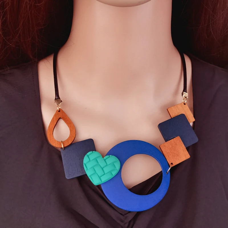 Geometric Wooden Pendant Ethnic Statement Bib Necklace for Women Handmade Maxi Necklaces Vintage Jewelry-Dollar Bargains Online Shopping Australia